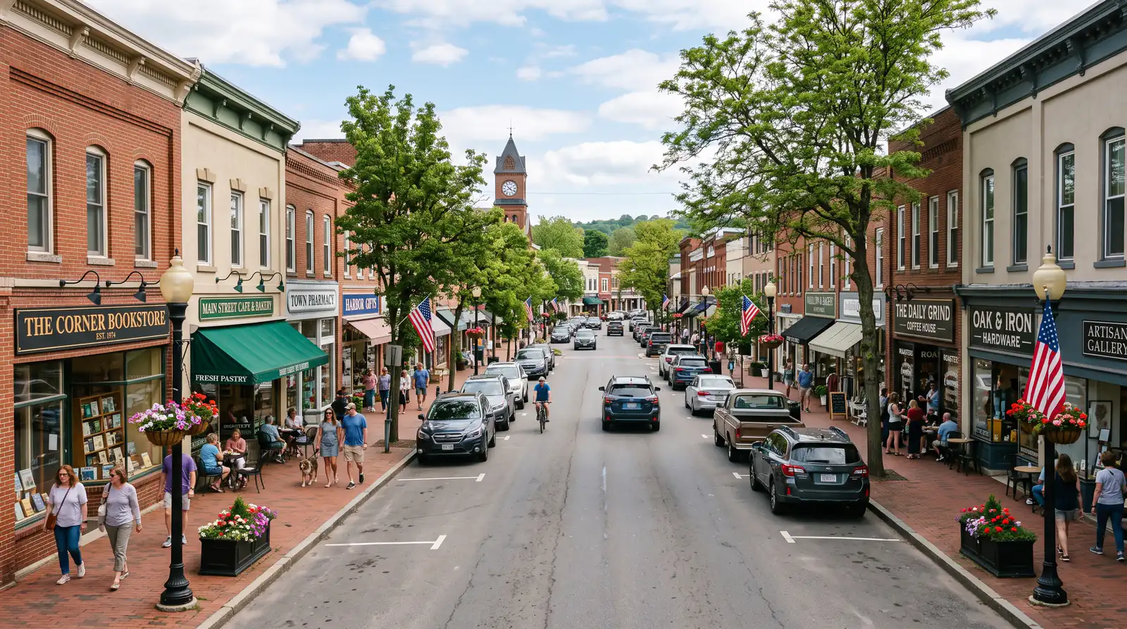A tree lined American main street of small shops, with brick storefronts, striped awnings, flags, sidewalk cafe seating, and a clock tower at the far end of the street
